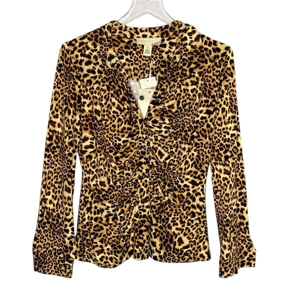 By Design Tops - BY DESIGN M NEW Carla Ruched Button Up Blouse Basic Cheetah